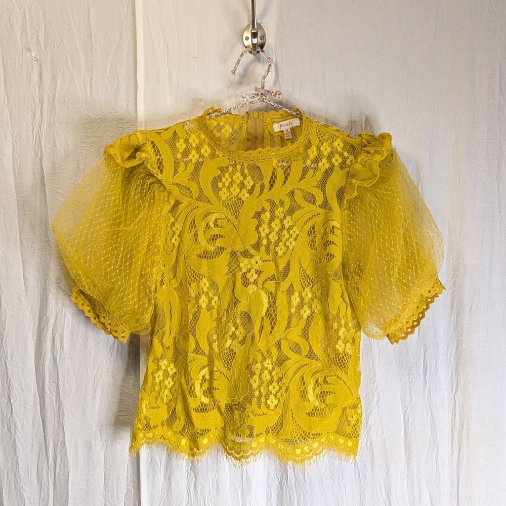 Peach Brand Lace/Mesh Top Cropped Puffy Sleeve Mustard Yellow Back Zip Size M